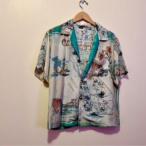 Burning Torch LA 100% Silk California Map Shirt M Camp Collar